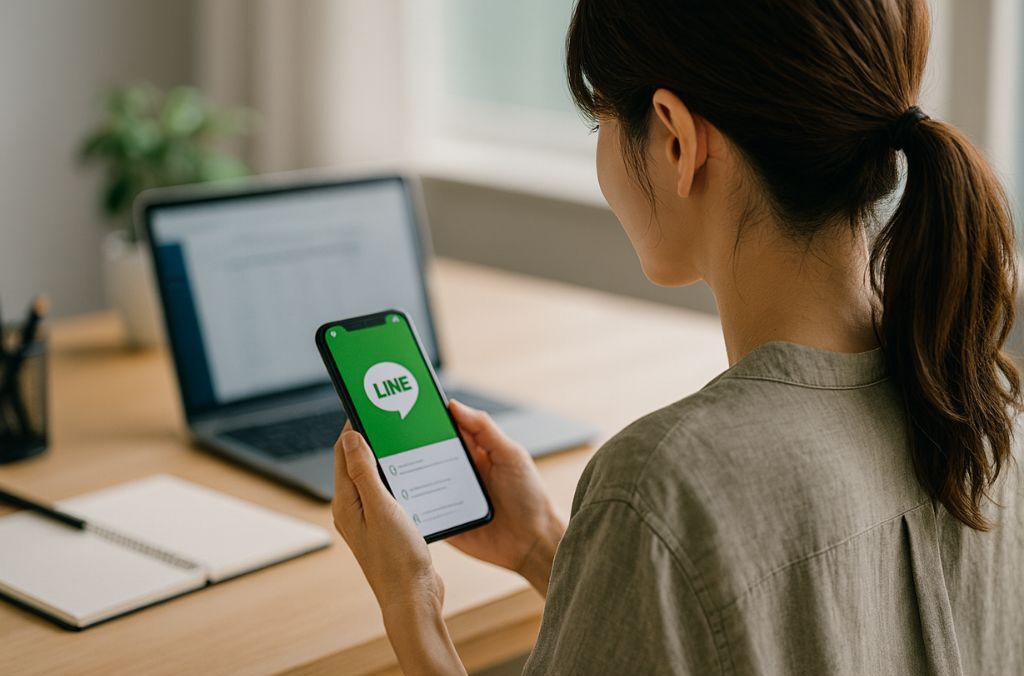 AIの女性がラインをスマホで開いている画像
