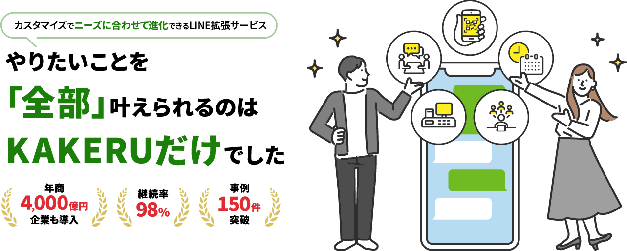 カスタマイズでニーズに合わせて進化できるLINE拡張サービス やりたいことを「全部」叶えられるのはKAKERUだけでした 年商4,000億円企業も導入 継続率98％ 事例150件突破